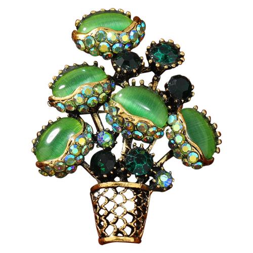 Zinc Alloy Brooches with Cats Eye Flower Basket plated fashion jewelry & with rhinestone nickel lead & cadmium free Sold By PC