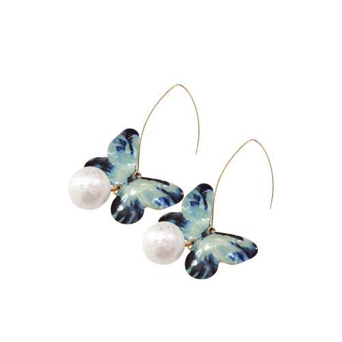 Boucles d'oreilles en alliage de zinc, avec perle de plastique & Acrylique, papillon, Placage, bijoux de mode, couleurs mélangées, protéger l'environnement, sans nickel, plomb et cadmium, 42x78mm, Vendu par paire