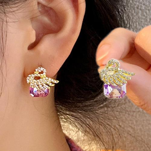 Zinc Alloy Stud Earring Swan gold color plated fashion jewelry & with rhinestone golden nickel lead & cadmium free Sold By Pair