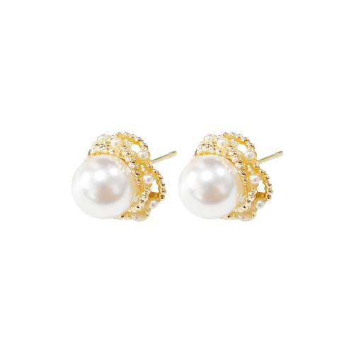 Zinc Alloy Stud Earring with Plastic Pearl gold color plated fashion jewelry golden nickel lead & cadmium free Sold By Pair