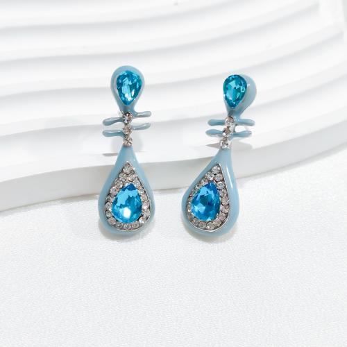 Boucle d'oreille dormeuse en alliage de zinc, Placage, bijoux de mode & émail & avec strass, bleu, protéger l'environnement, sans nickel, plomb et cadmium, 12x34mm, Vendu par paire