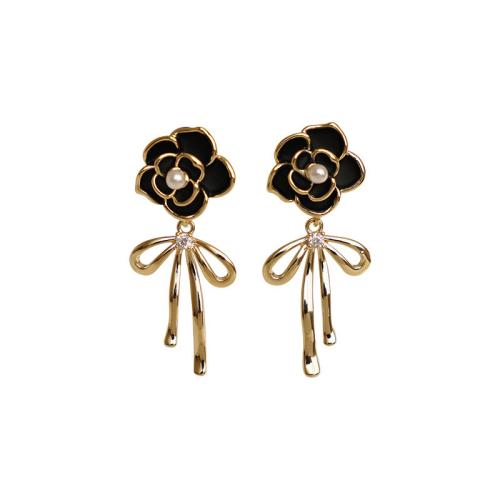 Zinc Alloy Drop Earrings with Plastic Pearl gold color plated fashion jewelry & enamel & with rhinestone golden nickel lead & cadmium free Sold By Pair