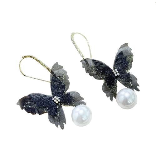 Tibetan Style Drop Earrings, with Gauze & Plastic Pearl, Butterfly, plated, fashion jewelry & with rhinestone, black, nickel, lead & cadmium free, 50x86mm, Sold By Pair