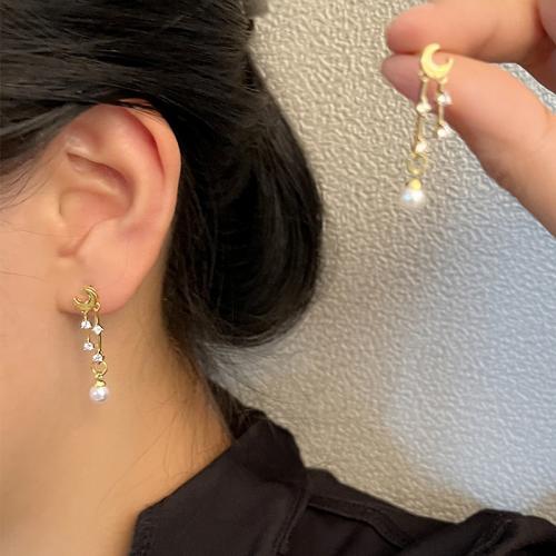 Tibetan Style Drop Earrings, with Plastic Pearl, plated, fashion jewelry & with rhinestone, golden, nickel, lead & cadmium free, 5x28mm, Sold By Pair