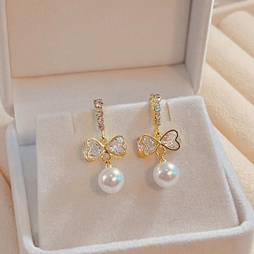 Pendientes de Aleación de Zinc, con Perlas plásticas, chapado en color dorado, Joyería & con diamantes de imitación, dorado, libre de níquel, plomo & cadmio, 13x33mm, Vendido por Par