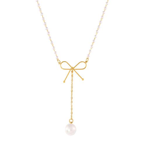 Stainless Steel Jewelry Necklace, 304 Stainless Steel, with Plastic Pearl, with 5cm extender chain, plated, fashion jewelry & for woman, golden, Length:Approx 35 , Sold By PC