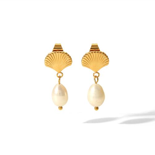 Titanium Steel  Earring, with Freshwater Pearl, 18K gold plated, fashion jewelry & for woman, Sold By Pair