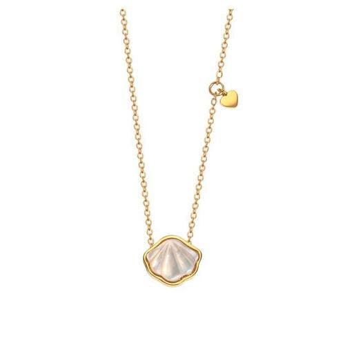 Collier d'acier titane, avec coquille blanche, avec 5cm chaînes de rallonge, Plaqué or 18K, bijoux de mode & pour femme, Longueur:Environ 40 cm, Vendu par PC