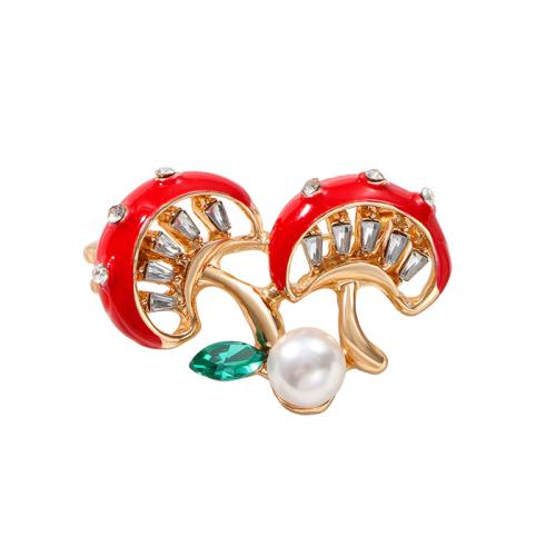 Tibetan Style Brooches, with Plastic Pearl, mushroom, plated, for woman & enamel & with rhinestone, red, Sold By PC