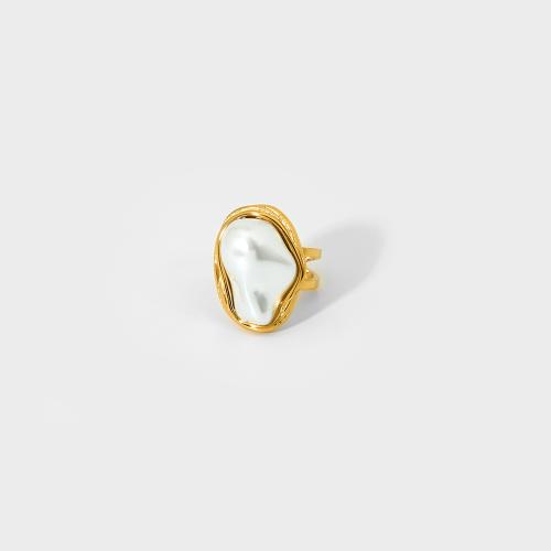 Stainless Steel Finger Ring 304 Stainless Steel with Plastic Pearl 18K gold plated fashion jewelry & for woman golden Sold By PC