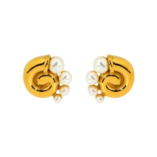 Stainless Steel Stud Earrings, 304 Stainless Steel, with Plastic Pearl, 18K gold plated, fashion jewelry & for woman, golden, 30x26mm, Sold By Pair