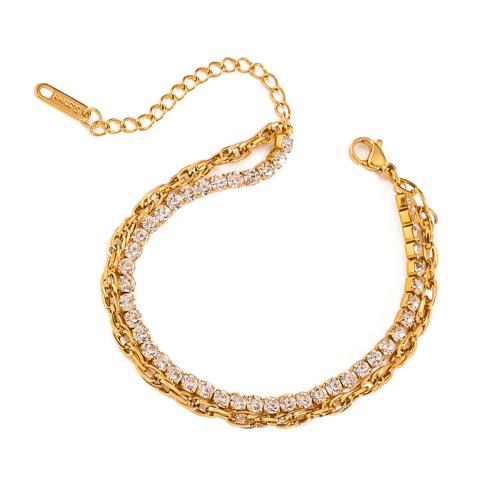 Bijoux bracelet en acier inoxydable, Acier inoxydable 304, avec 5cm chaînes de rallonge, Double couche & pour femme & avec strass, doré, Longueur:Environ 16.5 cm, Vendu par PC