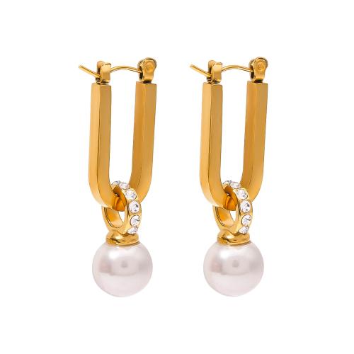 Stainless Steel Lever Back Earring, 304 Stainless Steel, with Plastic Pearl, 18K gold plated, fashion jewelry & micro pave cubic zirconia & for woman, golden, 38.60x10.70mm, Sold By Pair