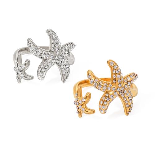 Stainless Steel Finger Ring, 304 Stainless Steel, Starfish, Vacuum Ion Plating, fashion jewelry & for woman & with rhinestone, more colors for choice, Sold By PC