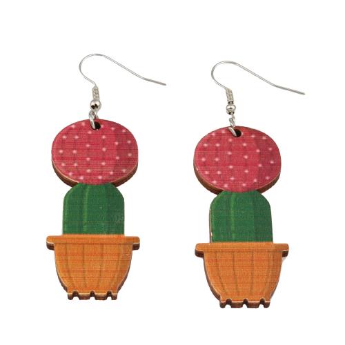 Boucles d'oreille en bois, avec fer, Opuntia Stricta, impression, bijoux de mode & pour femme, protéger l'environnement, sans nickel, plomb et cadmium, 21x62x3.50mm, Vendu par paire