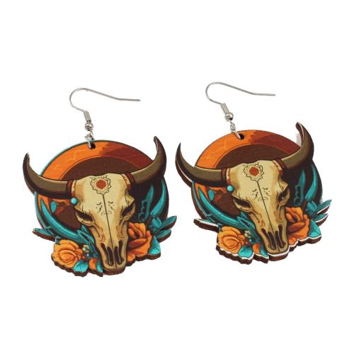 Wood Earring, with Iron, Bull, printing, fashion jewelry & for woman, nickel, lead & cadmium free, 45x65x3.50mm, Sold By Pair