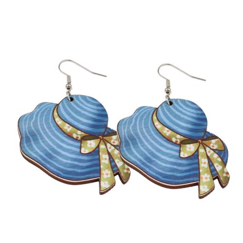 Boucles d'oreille en bois, avec fer, chapeau, impression, bijoux de mode & pour femme, bleu, protéger l'environnement, sans nickel, plomb et cadmium, 53x68x3.50mm, Vendu par paire