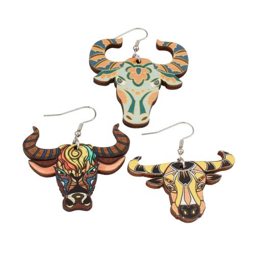 Wood Earring, with Iron, Bull, printing, fashion jewelry & different size for choice & for woman, more colors for choice, nickel, lead & cadmium free, Sold By Pair