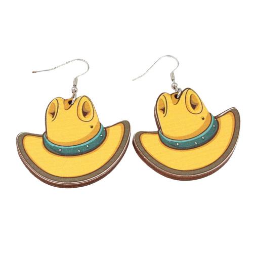 Wood Earring, with Iron, Hat, printing, fashion jewelry & for woman, yellow, nickel, lead & cadmium free, 46x59x3.50mm, Sold By Pair