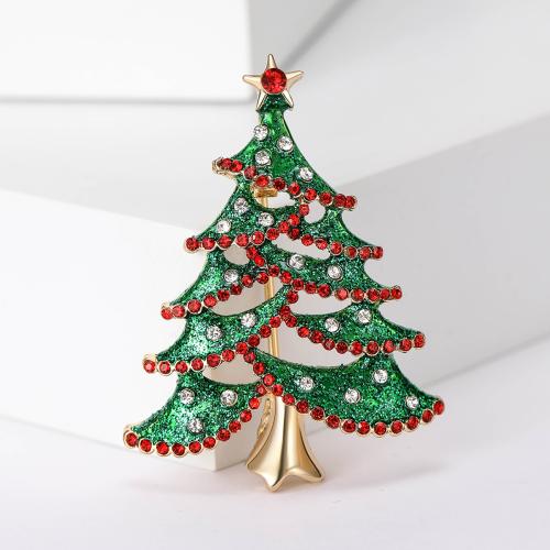 Broches de Navidad, aleación de zinc, Árbol de Navidad, chapado en color dorado, Diseño de Navidad & para mujer & con diamantes de imitación, verde, libre de níquel, plomo & cadmio, 32x50mm, Vendido por UD