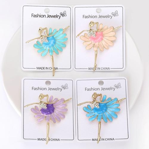 Tibetan Style Brooches, Dancing Girl, gold color plated, for woman & enamel & with rhinestone, more colors for choice, nickel, lead & cadmium free, 53x55mm, Sold By PC