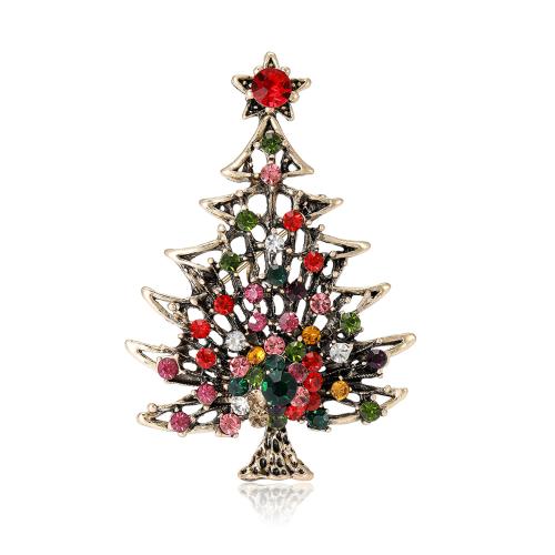 Broches de Navidad, aleación de zinc, Árbol de Navidad, chapado en color dorado, Diseño de Navidad & para mujer & con diamantes de imitación, multicolor, libre de níquel, plomo & cadmio, 50x74mm, Vendido por UD