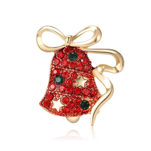 Broches de Noël, alliage de zinc, cloche de noël, Placage de couleur d'or, Conception de Noël & pour femme & avec strass, rouge, protéger l'environnement, sans nickel, plomb et cadmium, 27x31mm, Vendu par PC