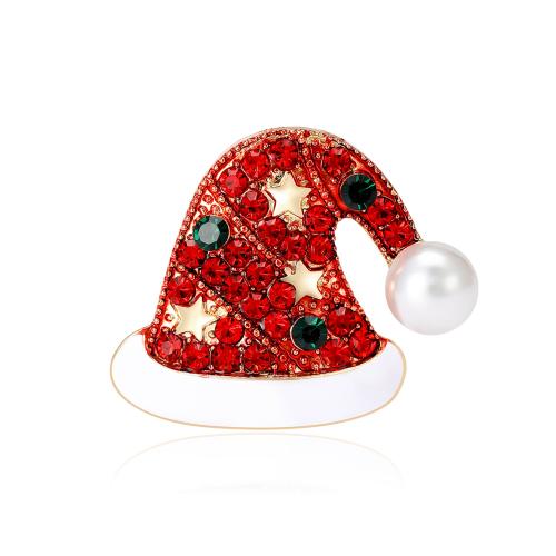 Christmas Brooches, Tibetan Style, with Plastic Pearl, Christmas Hat, gold color plated, Christmas Design & for woman & enamel & with rhinestone, red, nickel, lead & cadmium free, 30x25mm, Sold By PC