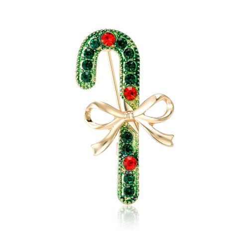 Jul brocher, Zinc Alloy, Christmas Candy Cane, guldfarve belagt, Juledesign & for kvinde & emalje & med rhinestone, grøn, nikkel, bly & cadmium fri, 20x35mm, Solgt af PC