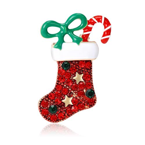 Christmas Brooches, Tibetan Style, Christmas Sock, gold color plated, Christmas Design & for woman & enamel & with rhinestone, red, nickel, lead & cadmium free, 26x36mm, Sold By PC