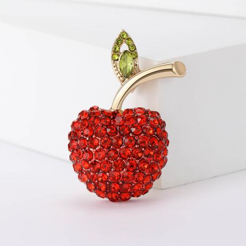 Christmas Brooches, Tibetan Style, Apple, gold color plated, for woman & with rhinestone, red, nickel, lead & cadmium free, 27x38mm, Sold By PC