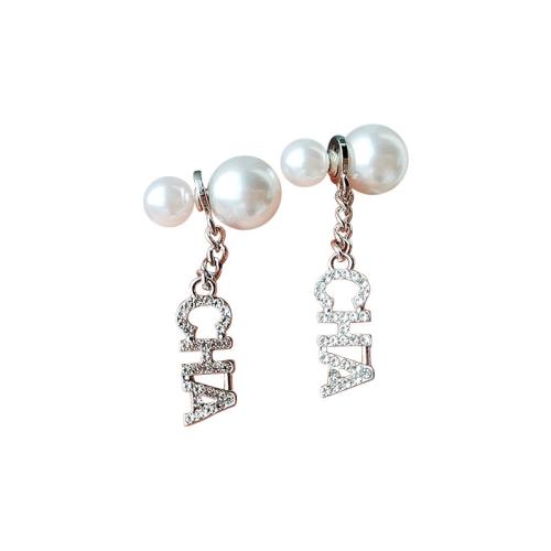 Tibetan Style Drop Earrings, with Plastic Pearl, Alphabet Letter, silver color plated, fashion jewelry & with rhinestone, silver color, nickel, lead & cadmium free, 12x42mm, Sold By Pair