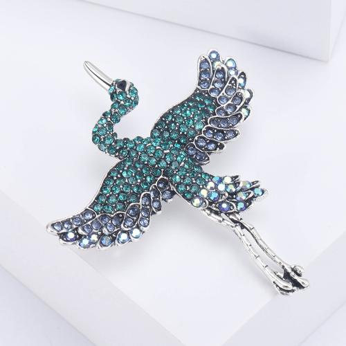 Tibetan Style Brooches, Bird, plated, fashion jewelry & with rhinestone, green, nickel, lead & cadmium free, 61x51mm, Sold By PC