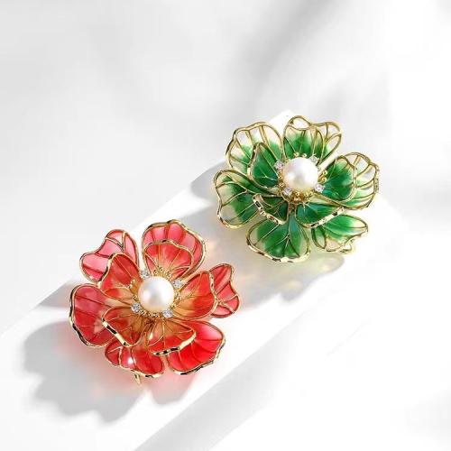 Tibetan Style Brooches, with Plastic Pearl, Flower, plated, fashion jewelry & enamel & with rhinestone, more colors for choice, nickel, lead & cadmium free, 47x47mm, Sold By PC