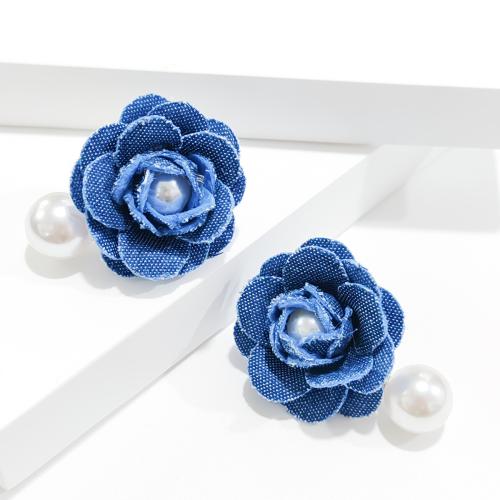 Boucle d'oreille dormeuse en alliage de zinc, Denim, avec perle de plastique & alliage de zinc, fleur, bijoux de mode, bleu, 35x47mm, Vendu par paire