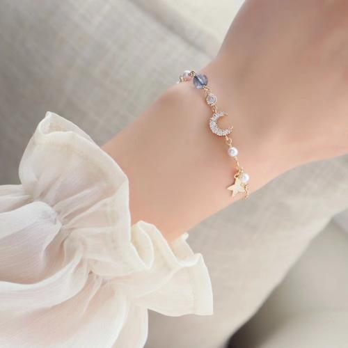 Tibetan Style Bracelet, with Plastic Pearl, gold color plated, fashion jewelry & with rhinestone, golden, nickel, lead & cadmium free, Length:21.5 cm, Sold By PC