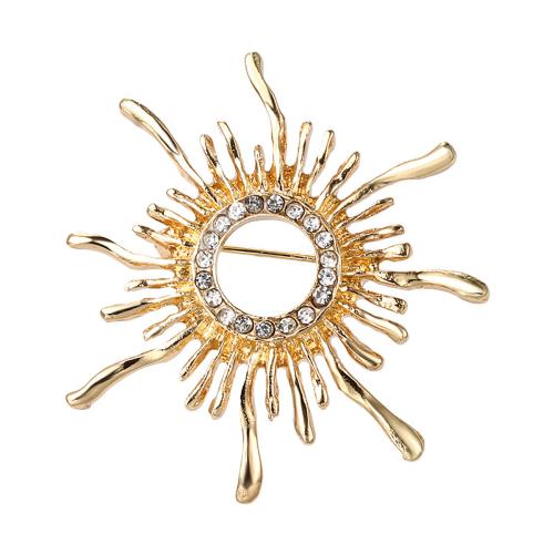 Tibetan Style Brooches, Sun, gold color plated, fashion jewelry & with rhinestone, golden, nickel, lead & cadmium free, 45x45mm, Sold By PC