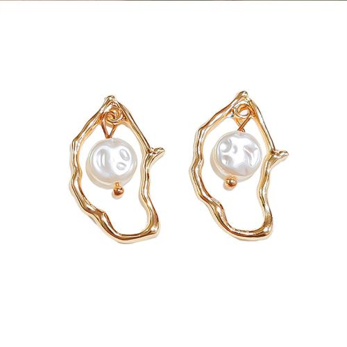 Tibetan Style Stud Earring, with Plastic Pearl, gold color plated, fashion jewelry, golden, nickel, lead & cadmium free, 16x25mm, Sold By Pair