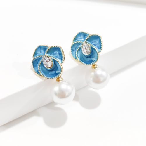 Boucles d'oreilles en alliage de zinc, avec perle de plastique, Placage, bijoux de mode & émail & avec strass, bleu, protéger l'environnement, sans nickel, plomb et cadmium, 16x23mm, Vendu par paire