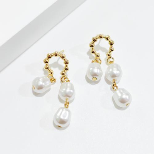 Tibetan Style Drop Earrings, with Plastic Pearl, gold color plated, fashion jewelry, golden, nickel, lead & cadmium free, 16x41mm, Sold By Pair