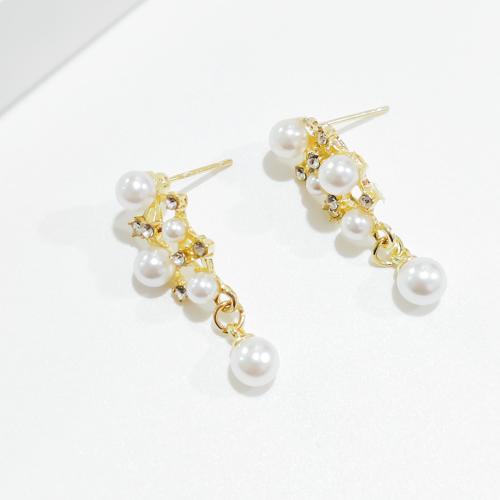 Tibetan Style Stud Earring, with Plastic Pearl, gold color plated, fashion jewelry & with rhinestone, golden, nickel, lead & cadmium free, 10x31mm, Sold By Pair