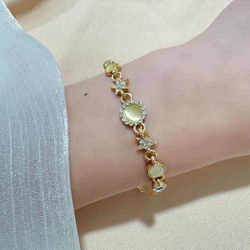 Tibetan Style Bracelet, with Cats Eye, gold color plated, fashion jewelry & with rhinestone, golden, nickel, lead & cadmium free, Length:20 cm, Sold By PC