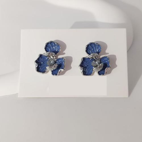 Tibetan Style Stud Earring, Flower, plated, fashion jewelry & enamel & with rhinestone, blue, nickel, lead & cadmium free, 27x27mm, Sold By Pair