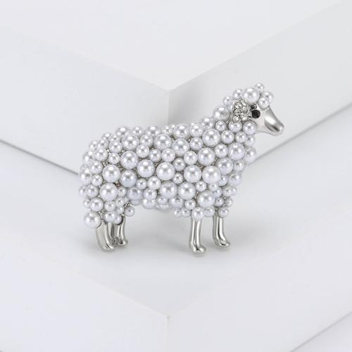 Tibetan Style Brooches, with Plastic Pearl, Sheep, plated, fashion jewelry & with rhinestone, more colors for choice, nickel, lead & cadmium free, 50x35mm, Sold By PC