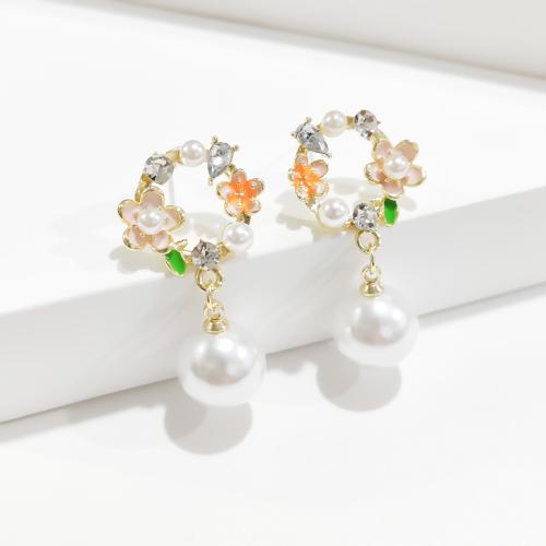 Tibetan Style Drop Earrings, with Plastic Pearl, gold color plated, fashion jewelry & enamel & with rhinestone, golden, nickel, lead & cadmium free, 18x35mm, Sold By Pair