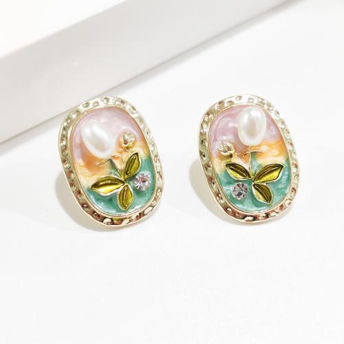 Tibetan Style Stud Earring, with Plastic Pearl, plated, fashion jewelry & enamel & with rhinestone, gold, nickel, lead & cadmium free, 16x22mm, Sold By Pair