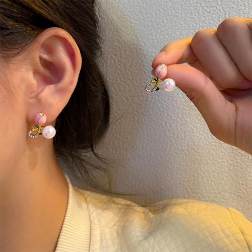 Boucle d'oreille dormeuse en alliage de zinc, fleur, Placage, bijoux de mode & émail & avec strass, doré, protéger l'environnement, sans nickel, plomb et cadmium, 15x20mm, Vendu par paire