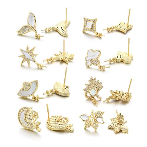 Brass Earring Stud Component, with Shell, plated, DIY & different styles for choice & micro pave cubic zirconia, gold, Sold By Pair