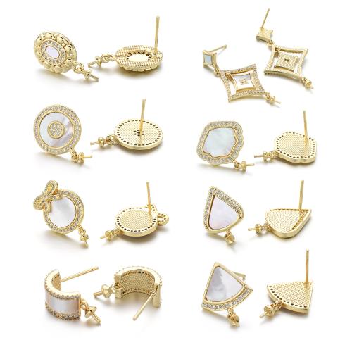 Brass Earring Stud Component, with Shell, plated, DIY & different styles for choice & micro pave cubic zirconia, gold, Sold By Pair