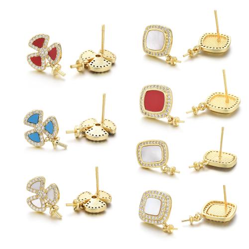 Brass Earring Stud Component, with turquoise & Shell, plated, DIY & different styles for choice & micro pave cubic zirconia, more colors for choice, Sold By Pair